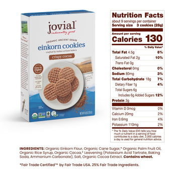 Jovial Organic Einkorn Crispy Cocoa Cookies - Organic Cookies, Vegan Cookies, High Protein, Fair Trade Certified, All Natural Ingredients, Low Carb, Low Sugar, Palm Done Right - 8.8 Oz