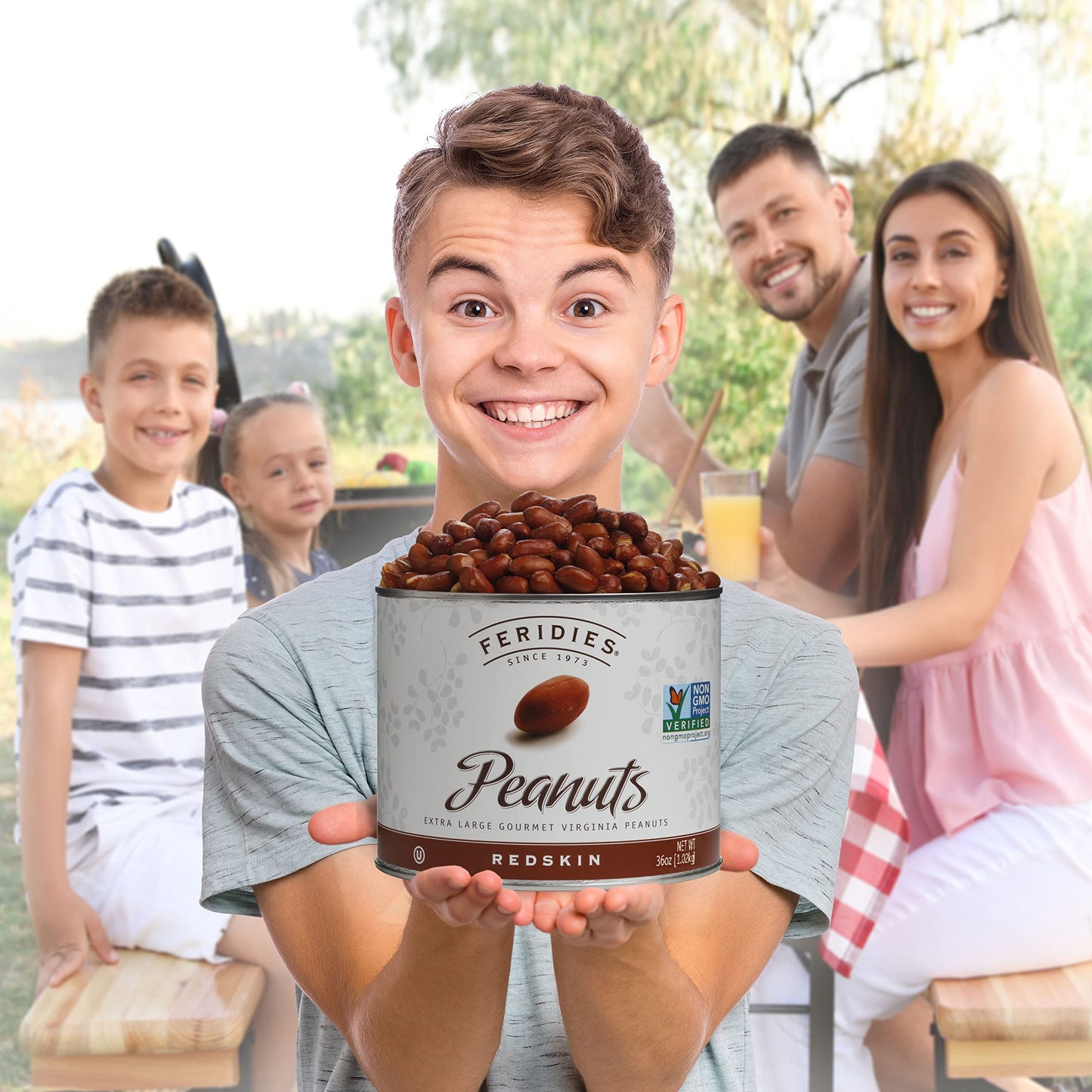 Feridies Red Skin Extra-Large Salted Virginia Peanuts Cooked In Peanut Oil, Non-Gmo, Kosher 36Oz Pack Of 4