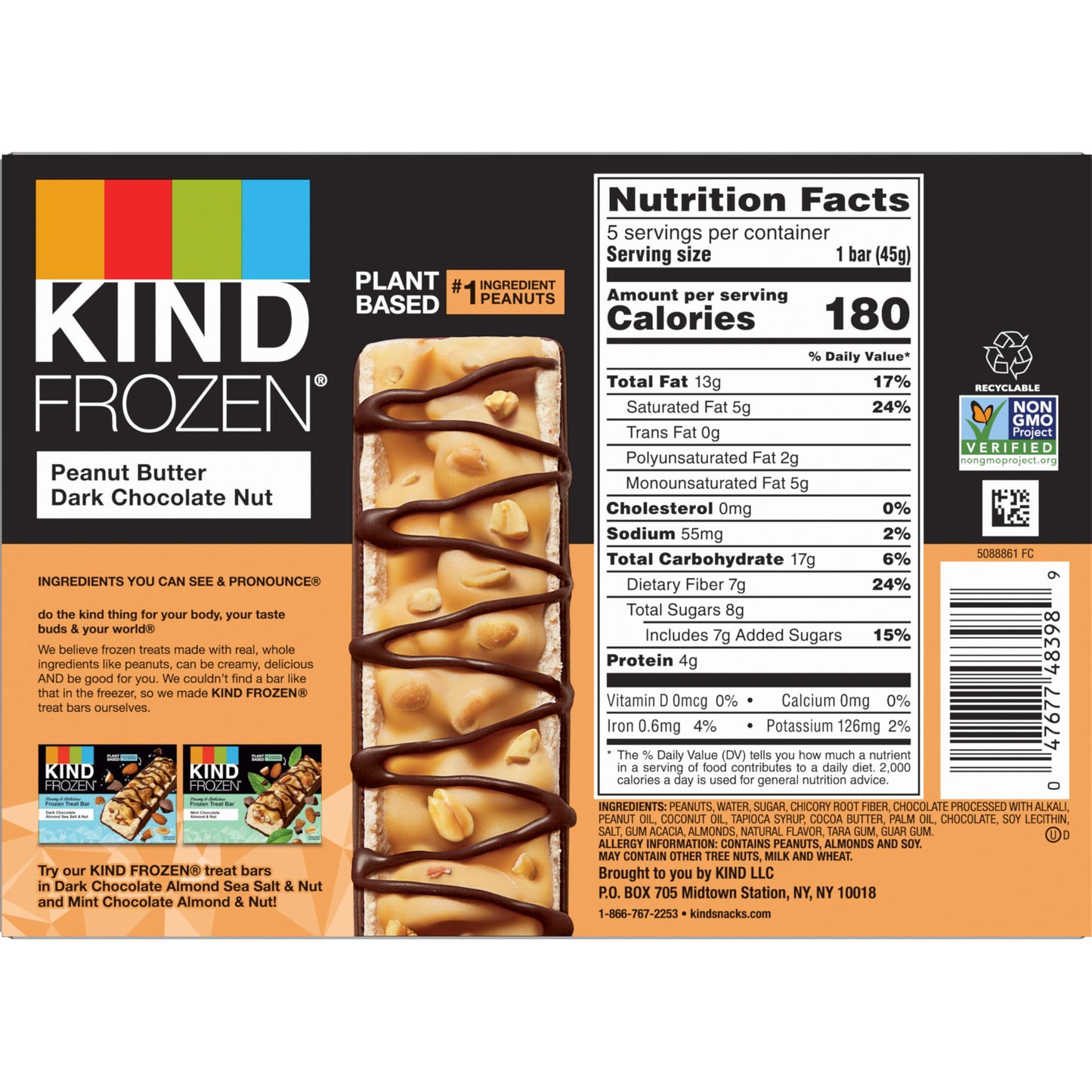 KIND FROZEN Plant Based Frozen Treat Bar, Peanut Butter Dark Chocolate Nut Treat Bars, 5 Pack, 1.6 Oz Bars