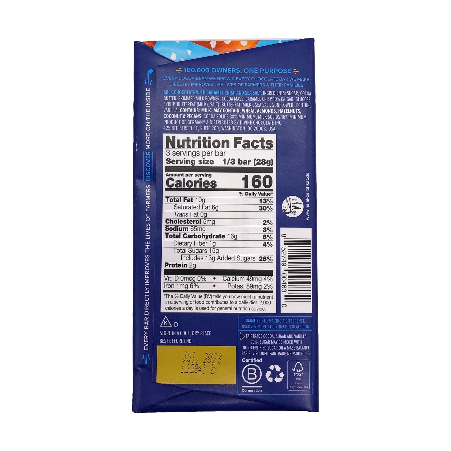 DIVINE CHOCOLATE Chocolate, 38% Milk Chocolate with Toffee & Sea Salt, 3 Oz