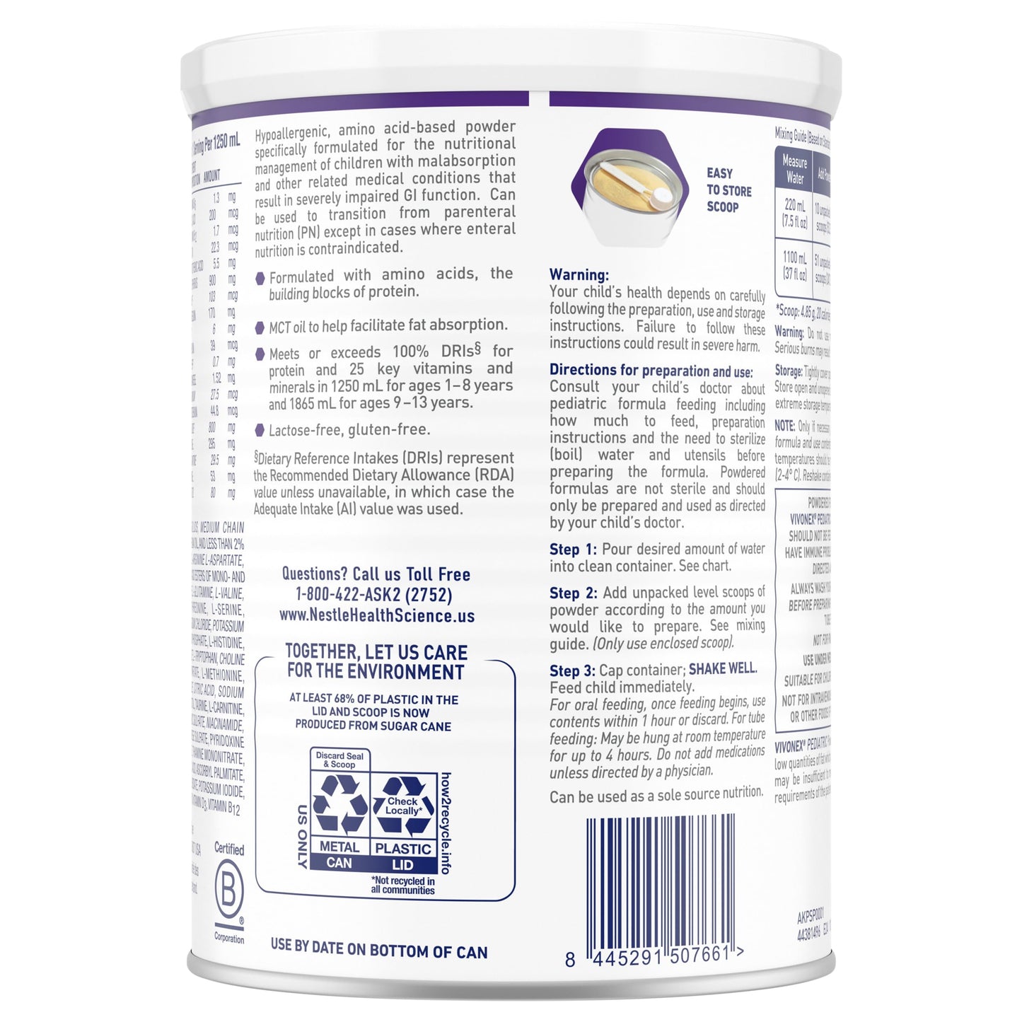 Vivonex Pediatric Elemental Powder For Kids Age 1 to 13 - Unflavored Amino Acid-Based Nutritionally Complete Hypoallergenic Form