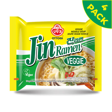 Ottogi Jin Ramen Veggie Instant Noodle Soup, Vegan, 3.88oz x 4 Pack