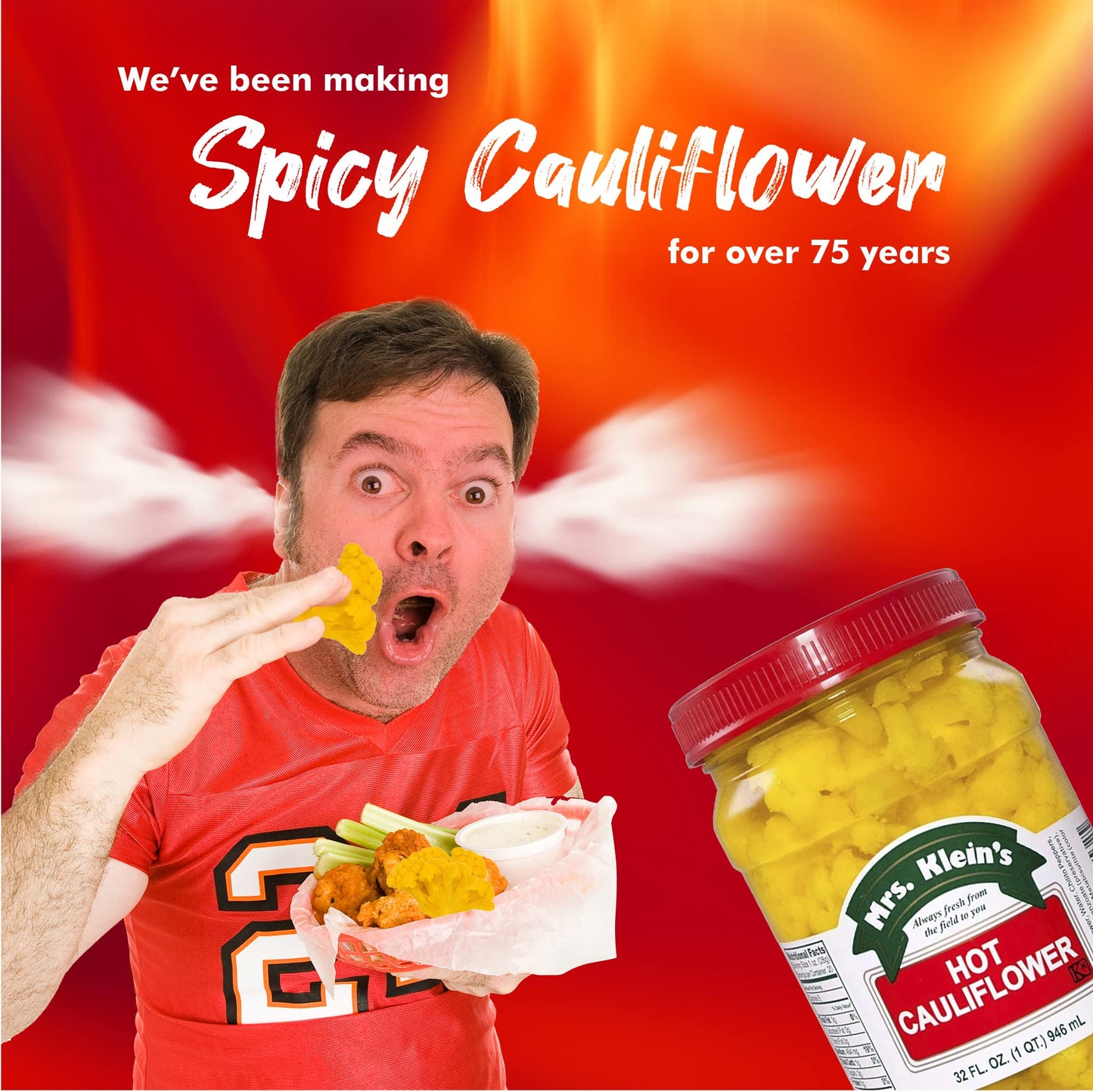 MRS. KLEIN'S Hot & Spicy Cauliflower Bites - Vegan, Low Carb Snack, Gluten Free, 1 Quart - Unique Salad Toppings, Made in the USA