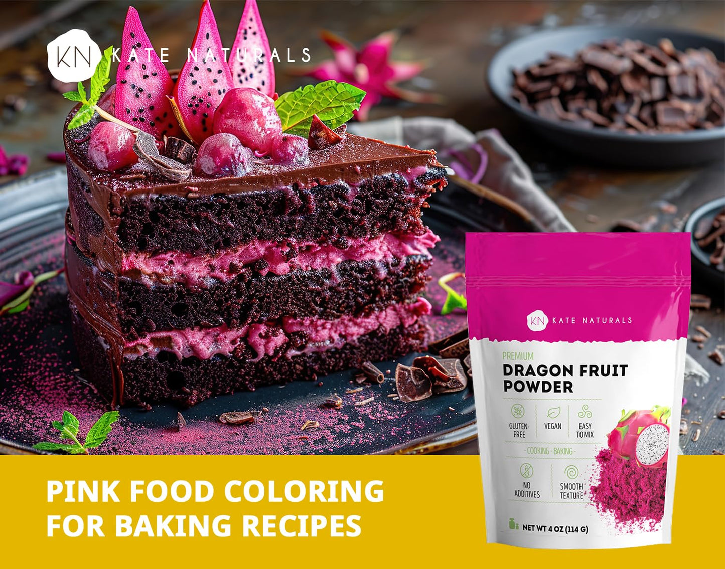 Kate Naturals Dragon Fruit Powder For Baking & Drink (4Oz). Vegan, Gluten Free Dried Pink Pitaya Powder For Dragonfruit Syrup, Smoothie & Food Coloring