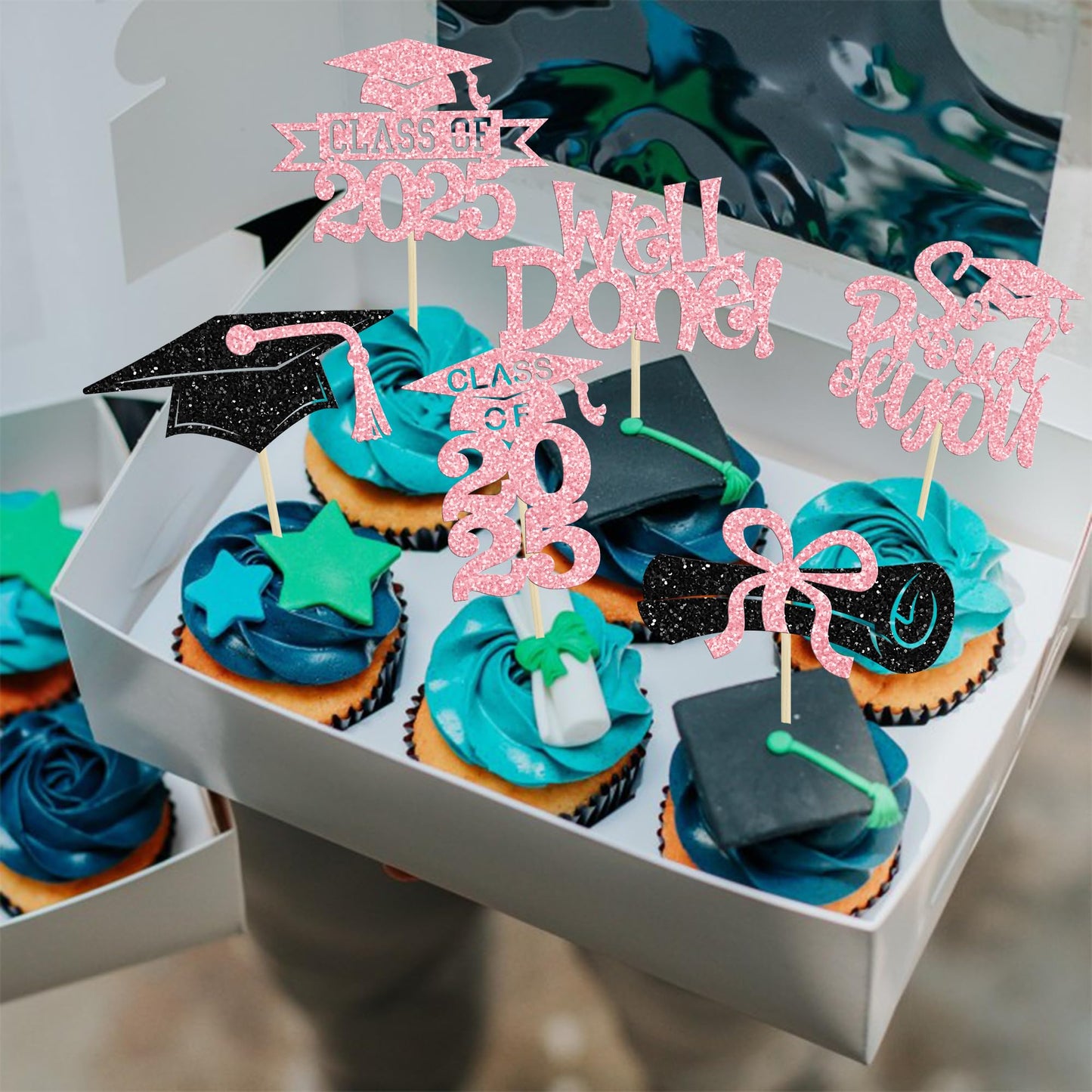 Gyufise Cupcake Toppers 24Pcs Glitter Congrats Grad 2025 Paper Pink Decorations