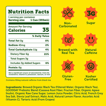 Halfday Prebiotic Lemon Iced Tea, 12 fl oz Cans, 12 Pack, Low Sugar, Gluten Free, Keto, Real Brewed Tea, Natural Caffeine