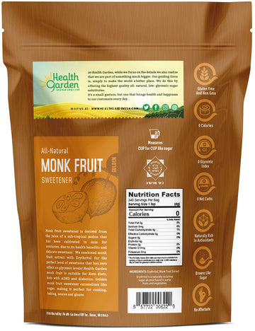 Health Garden Monk Fruit Sweetener, Golden- Non Gmo - Gluten Free - Sugar Substitute - Kosher - Keto Friendly (3 Lbs)