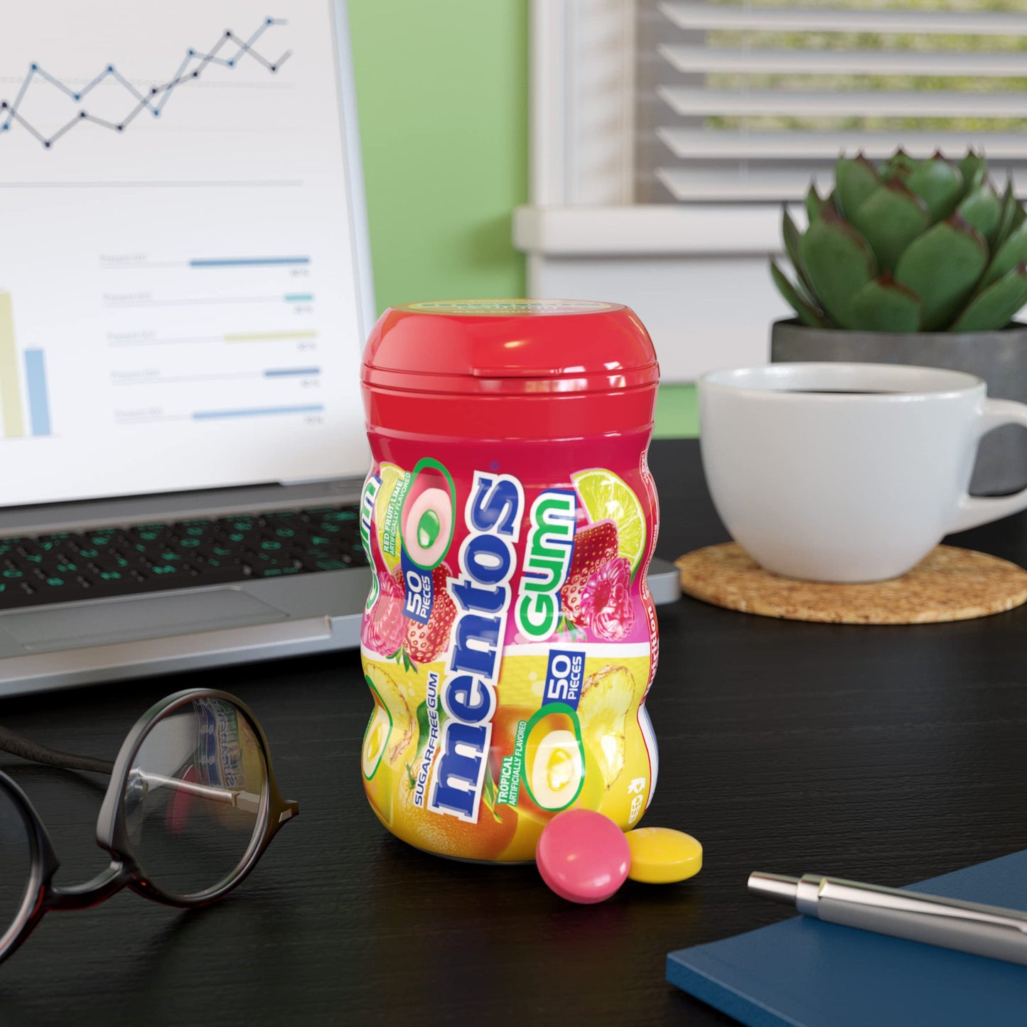 Mentos Sugar-Free Chewing Gum, Tropical, Red Fruit And Lime, 50 Piece Bottle (Pack Of 4 Bottles)