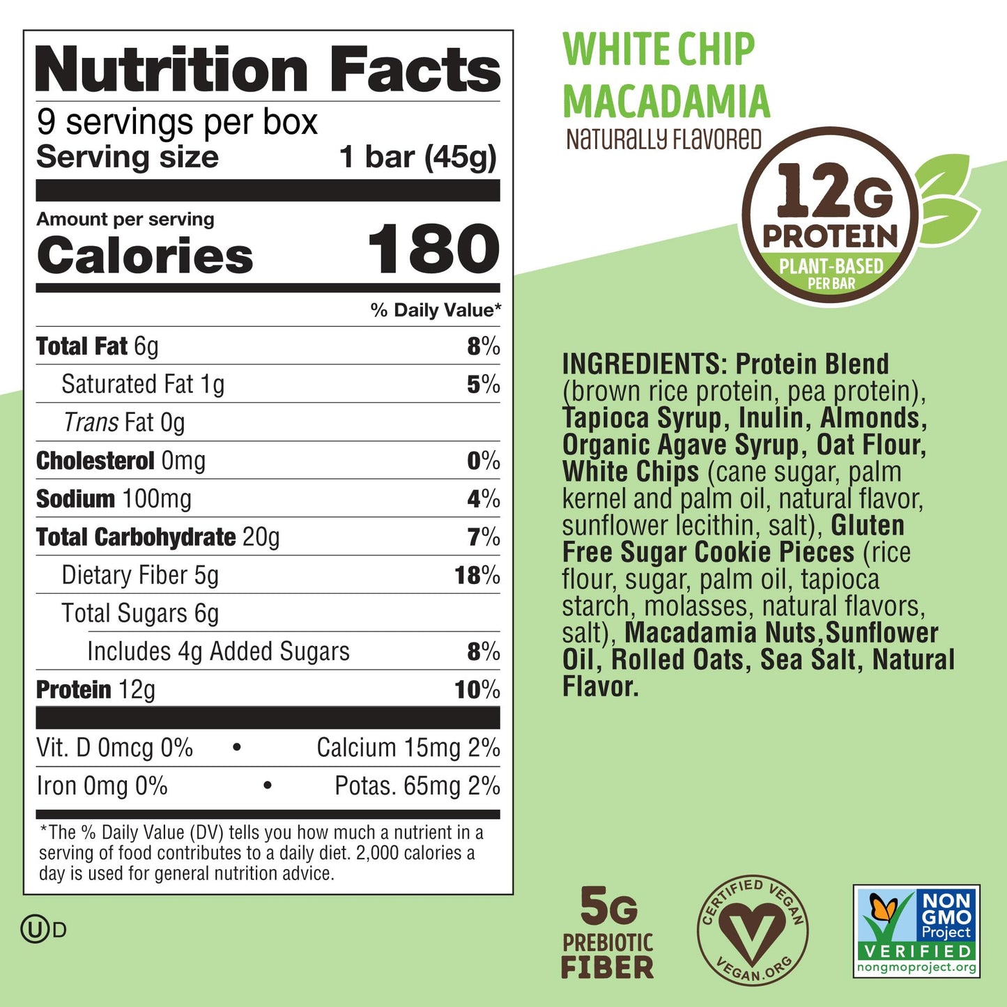 Lenny & Larrys Cookie-fied Protein Bar, White Chip Macadamia, 12g Plant Protein, 9x45g, Vegan, Gluten Free, Keto Friendly