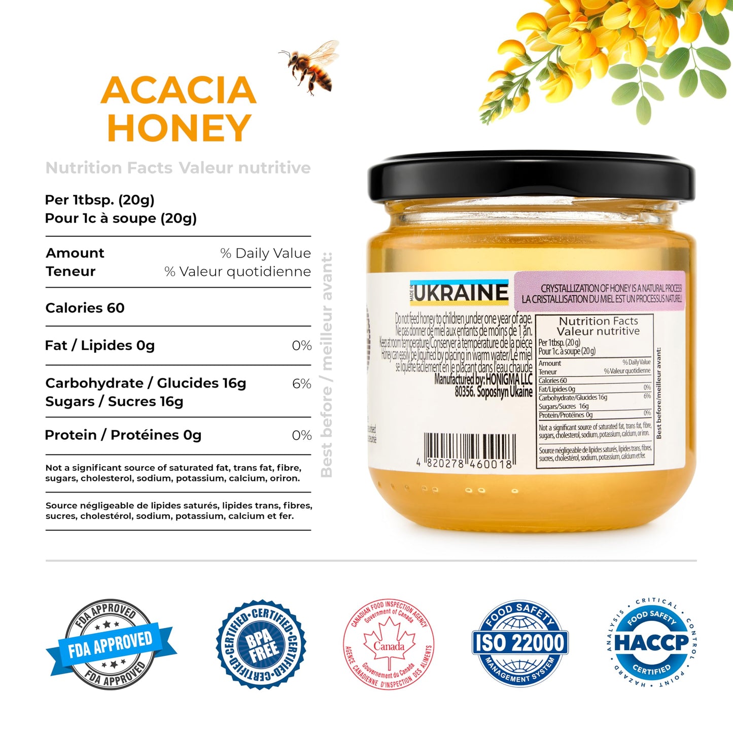 Honigma Acacia Raw Honey | Exquisite Taste | 100% Pure | Unpasteurized | Unfiltered | Partially Crystallized | 250G/8.8Oz | Pack