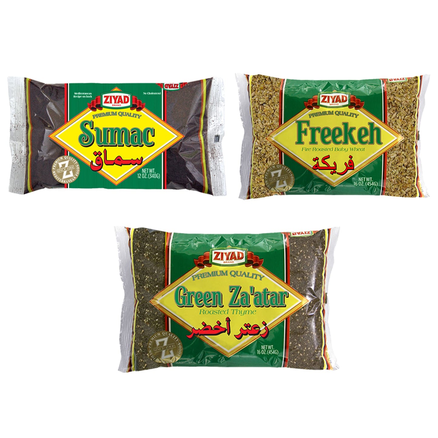 Ziyad Premium Spice Variety Pack - Sumac, Green Zaatar, Freekeh - No Additives, No MSG - Pack of 3