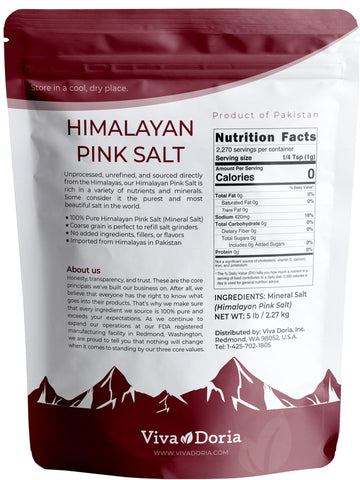 Viva Doria Himalayan Pink Salt, Coarse Grain, Certified Authentic, 5 lb. (2.27 Kg) For Grinder Refills