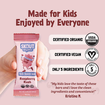 Skout Organic Raspberry Rush Kids Snack Bars (18 Pack) | Organic Kids Snack Bars | Plant-Based Nutrition, No Refined Sugar | Veg