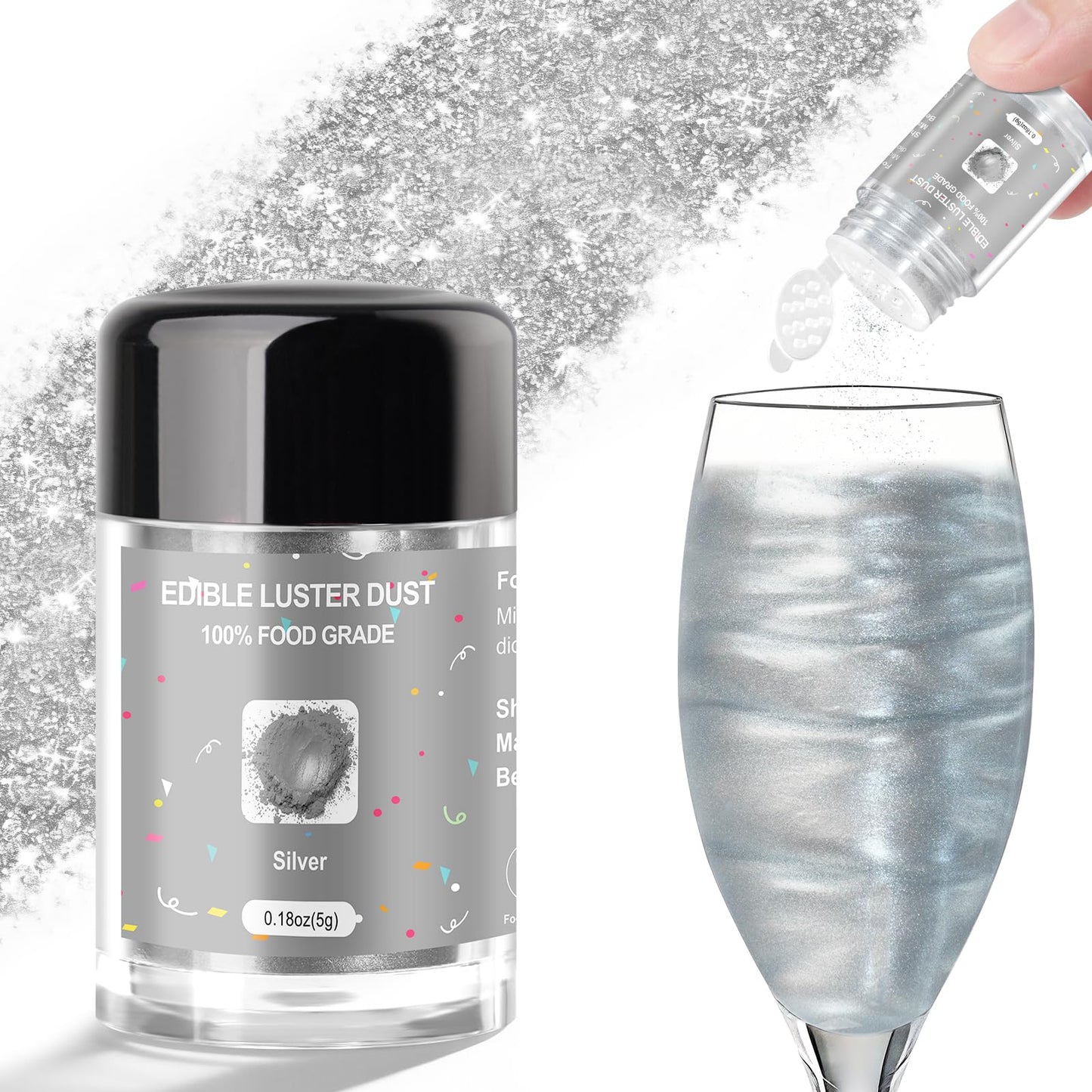 CRPTHE Silver Luster Dust Edible 5g, Edible Glitter for Drinks, Food Grade Glitter Shimmer Sprinkle Powder for Cocktails, Baking