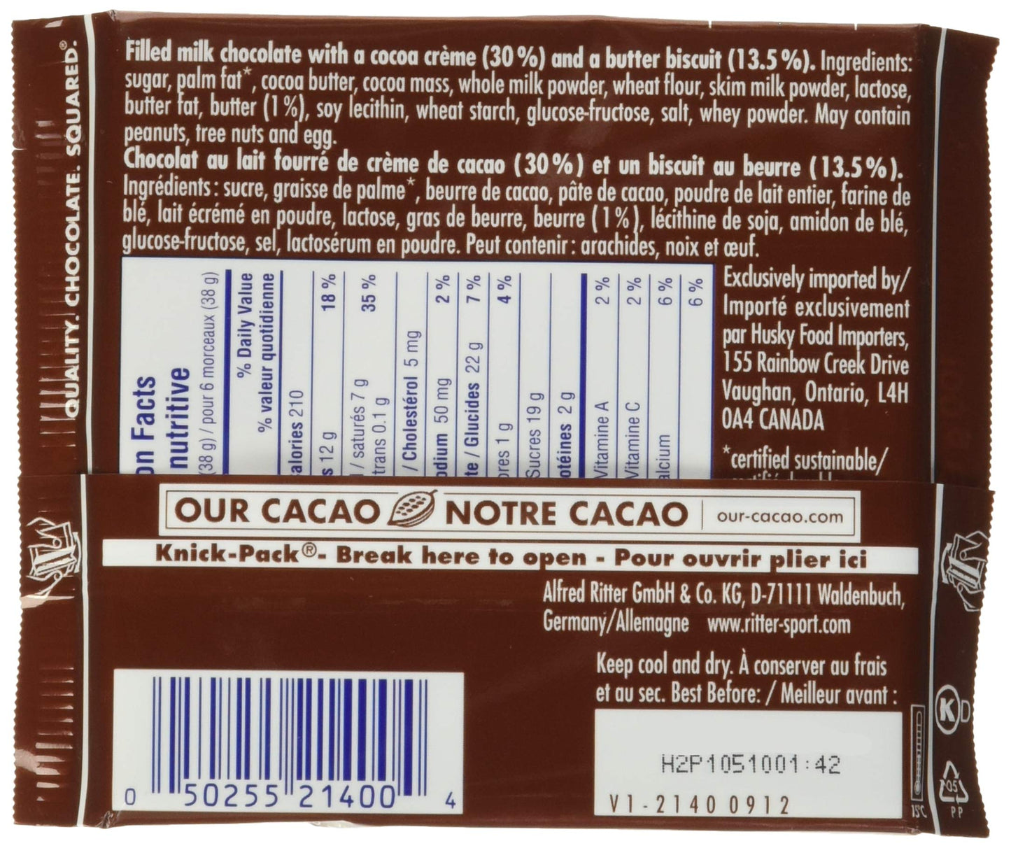 Ritter Sport, Milk Chocolate With Butter Biscuit, 3.5 Oz