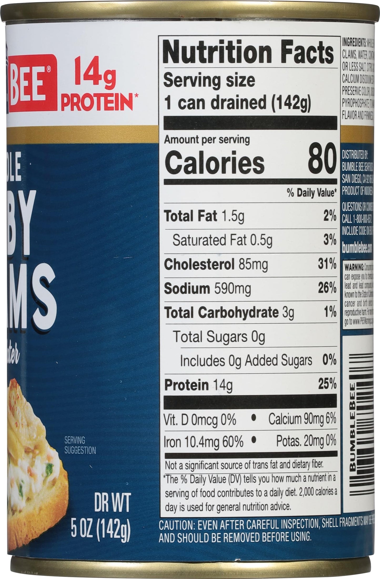 Bumble Bee Whole Baby Canned Clams, 10 Oz Can (Pack Of 12) - Ready To Eat - 13G Protein Per Serving - Gluten Free