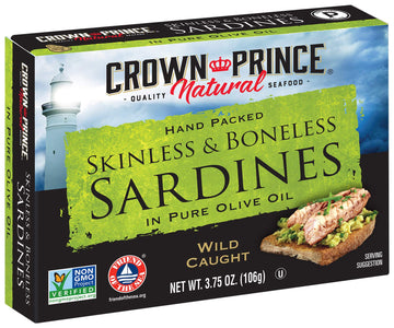 Crown Prince Natural Skinless & Boneless Sardines In Pure Olive Oil, 3.75-Ounce Cans (Pack Of 12)