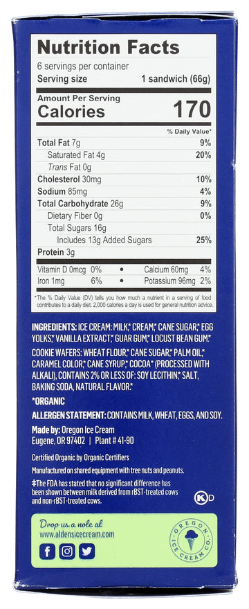 Aldens, Ice Cream Sandwich Vanilla Organic 6 Count, 21.9 Fl Oz