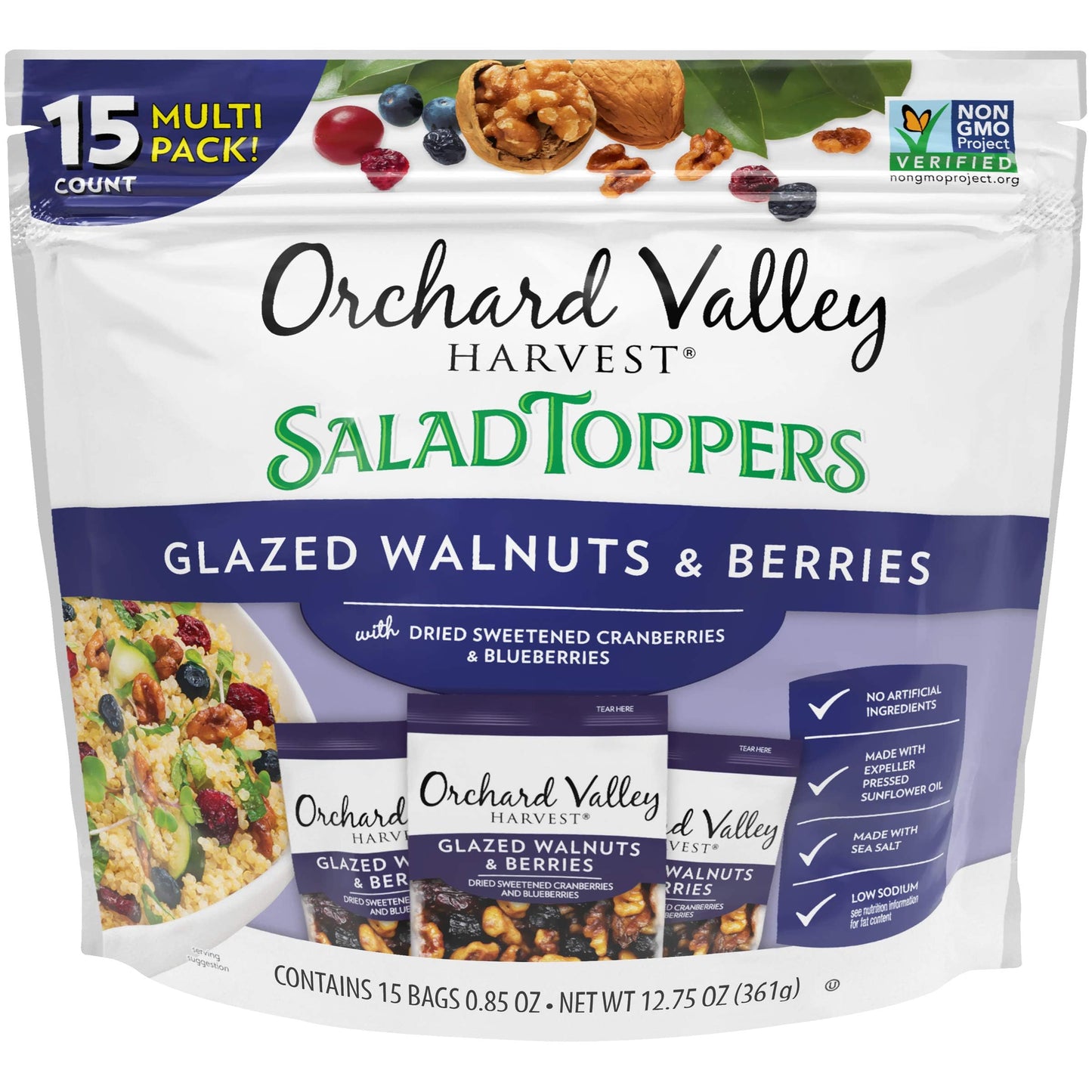 Orchard Valley Harvest Salad Toppers Glazed Walnuts and Berries, 0.85 Ounce Bags (Pack of 15), Salad Toppings, Non-GMO, No Artif