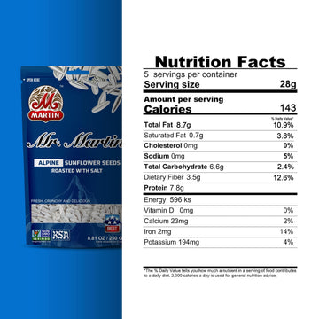 MR. MARTIN Jumbo Sunflower Seeds, Non-GMO, Vegan, Low Sodium, 8.81 Oz, Alpine Salted, 6 Pack