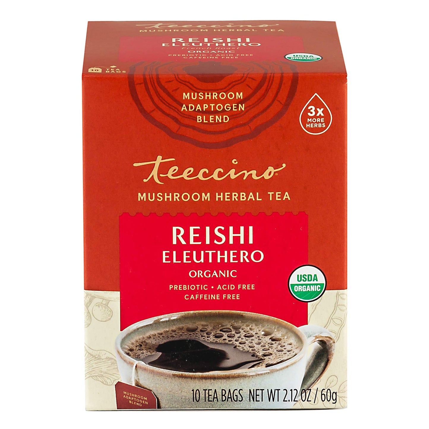 Teeccino Reishi Eleuthero Herbal Tea - Organic, Caffeine Free, 10 Tea Bags, French Roast