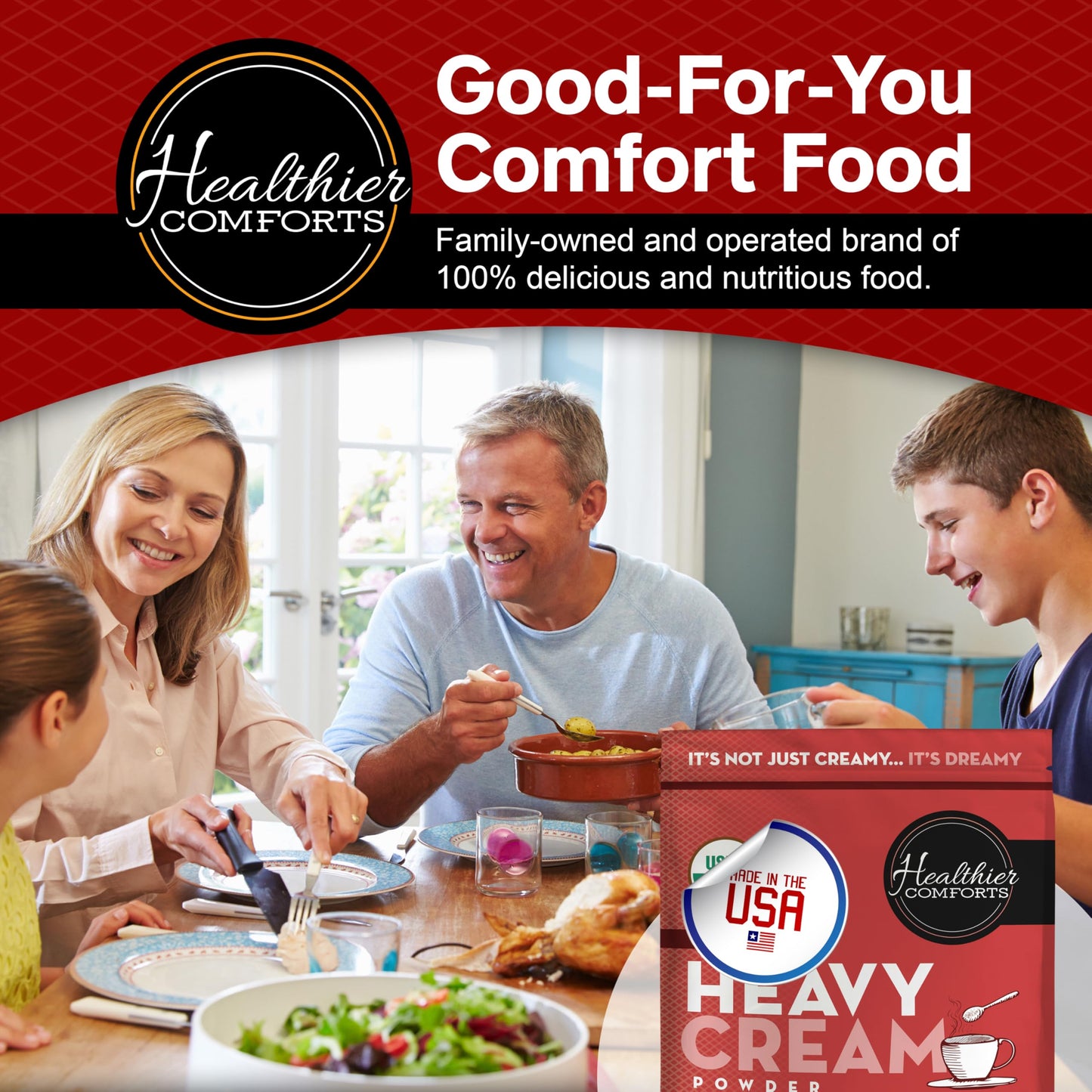 Healthier Comforts Organic Heavy Cream Powder (72% Butterfat) | Certified USDA Organic Kosher | Gluten Free Non-GMO Keto Friendly Free of s & s (rBGH or rBST) | Made in USA (21 ounce)