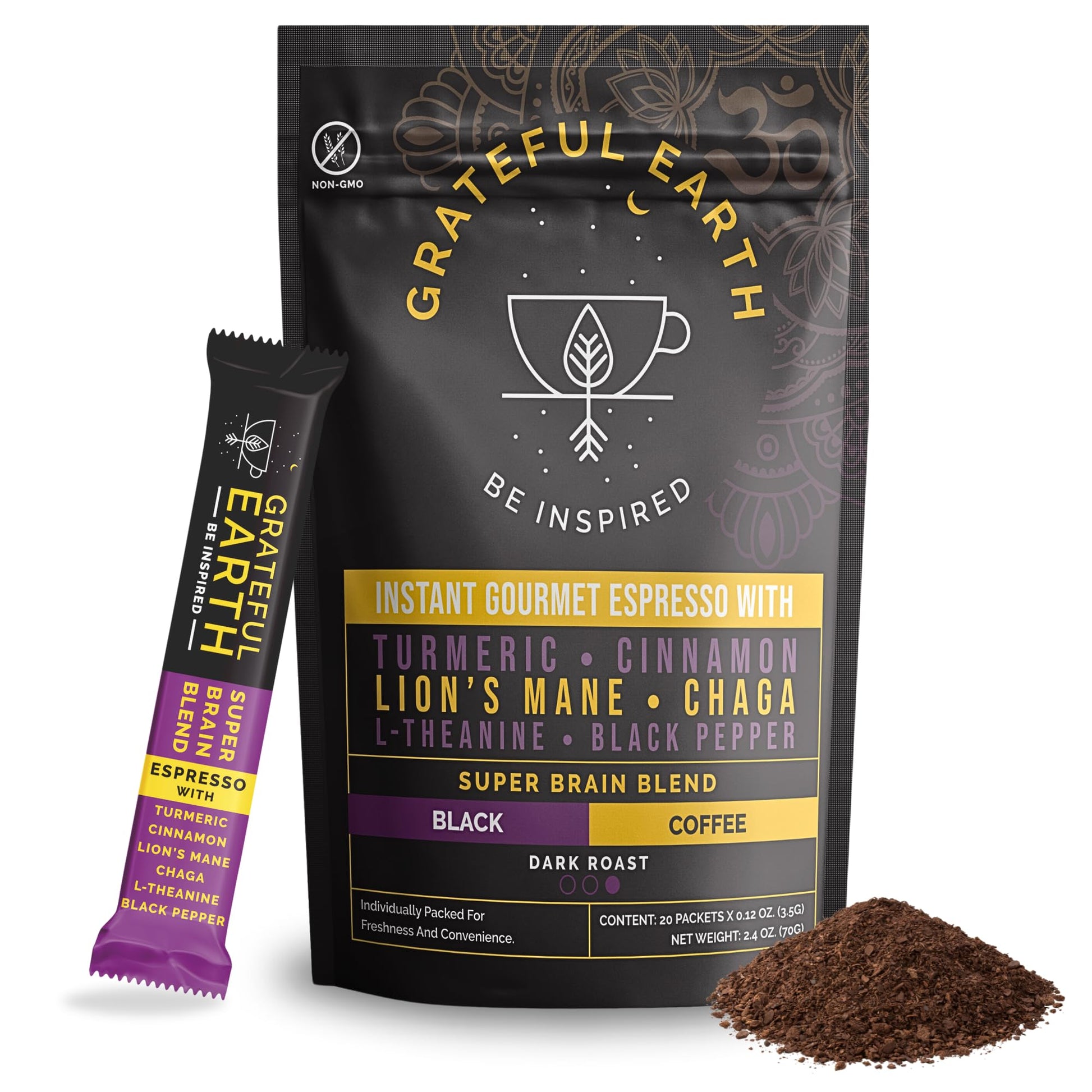 Grateful Earth Mushroom Coffee, Espresso Instant Coffee with Cinnamon, Turmeric, Lions Mane Mushrooms, L-Theanine, Chaga Super B