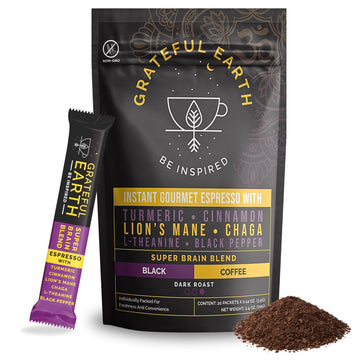 Grateful Earth Mushroom Coffee, Espresso Instant Coffee with Cinnamon, Turmeric, Lions Mane Mushrooms, L-Theanine, Chaga Super B