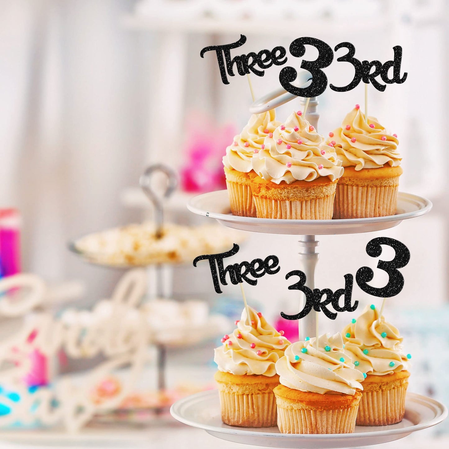 24Pcs 3rd Birthday Cupcake Toppers Glitter Third Birthday Three Cupcake Picks for Baby Shower 3rd Birthday Anniversary Party Cak