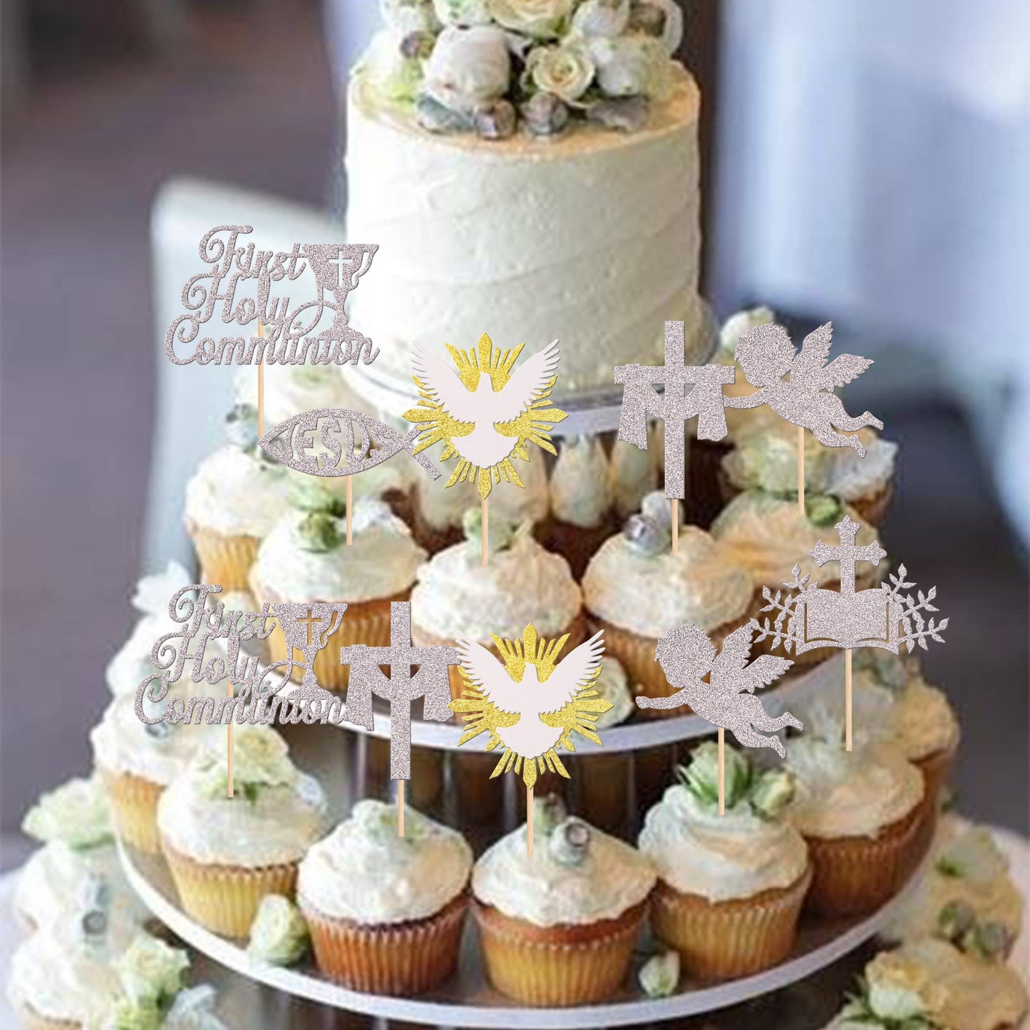 Rssta i Cupcake Toppers 24 Pack, First Holy Communion, Cross Dove Angel, Silver, Model XM279-silver