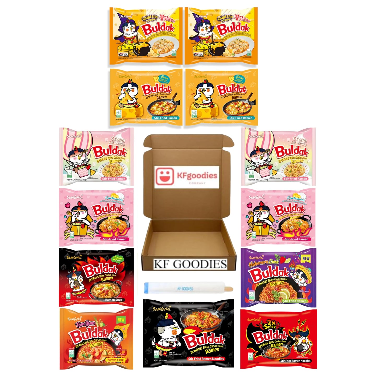 Samyang Buldak Hot Spicy Chicken Ramen Noodle Korean Stir-Fried Ramen (13, 2 Quattro Cheese, 2 Cream Carbonara, 2 Cheese, 2 Carb