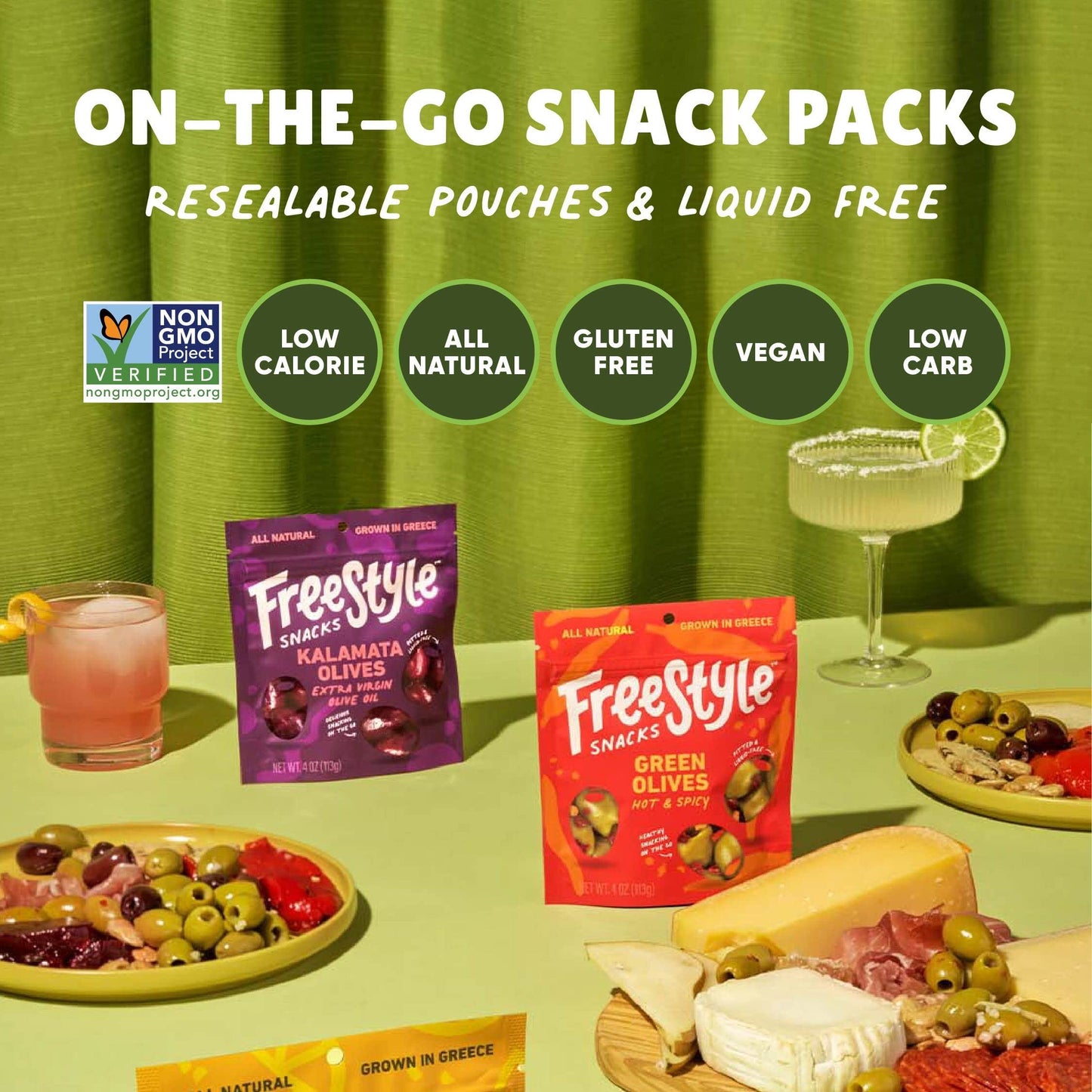 Freestyle Snacks Olive Snack Packs - Fresh Pitted Green Olives, Jumbo-Sized, Grown In Greece, All Natural, Non-Gmo, Paleo, Sugar