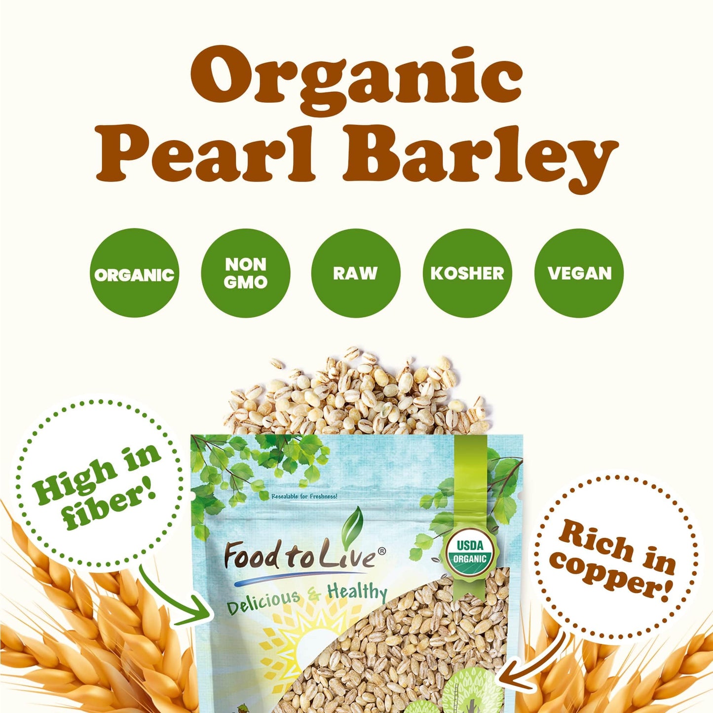 Food to Live Organic Pearl Barley, 6 Pounds - Non-GMO, Polished Unhulled Barley, Kosher, Vegan, Bulk. Cooks Faster than Hulled B