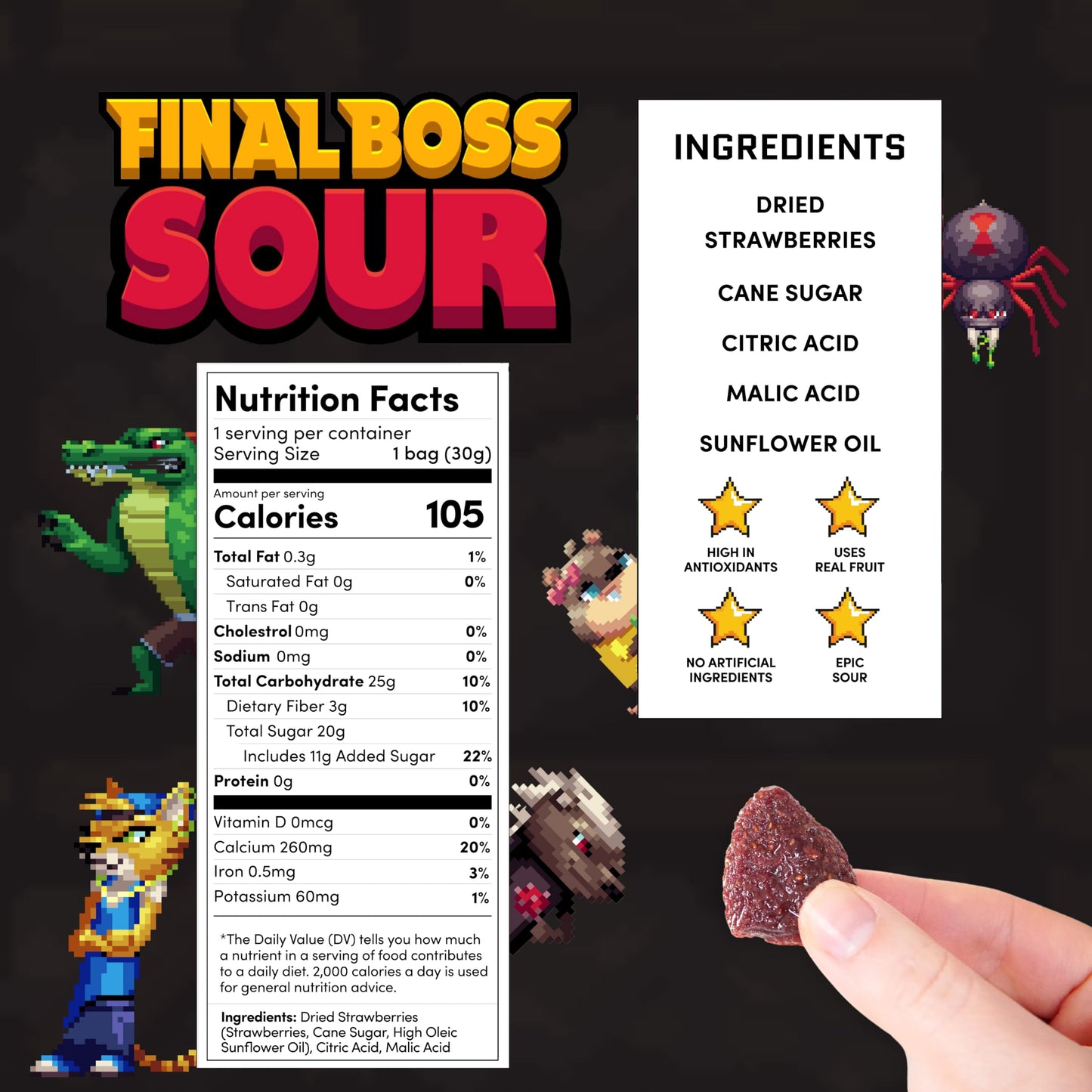 FINAL BOSS Holiday Sour Candy, Sour Strawberries, Fruit Chews with Real Dried Fruit, 10 Pack, Low Calorie Snack