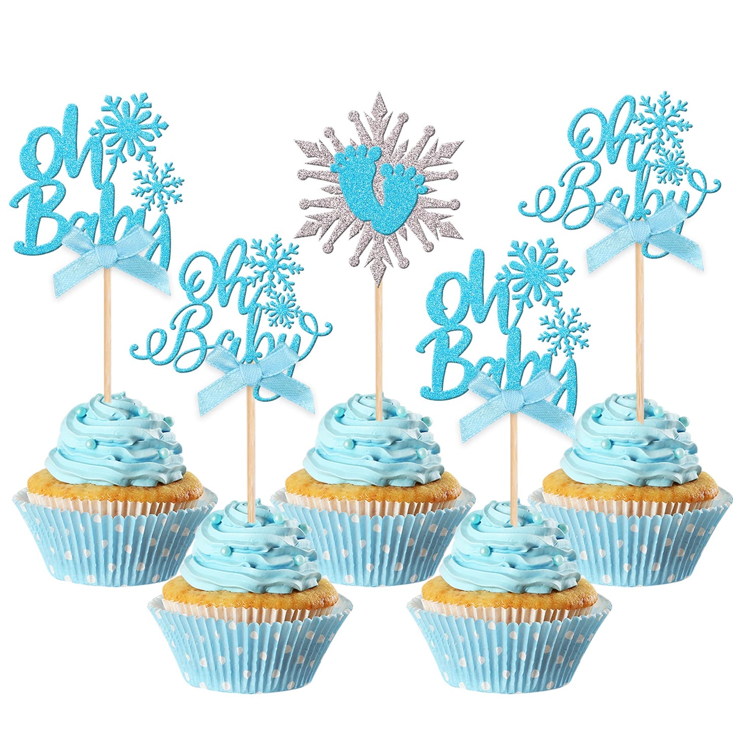 24 Pcs Snowflake Oh Baby Cupcake Toppers With Bow Glitter Winter Frozen Theme Baby Feet Snowflake Cupcake Picks For Winter Wonderland Baby Shower Birthday Party Cake Decorations Supplies Blue