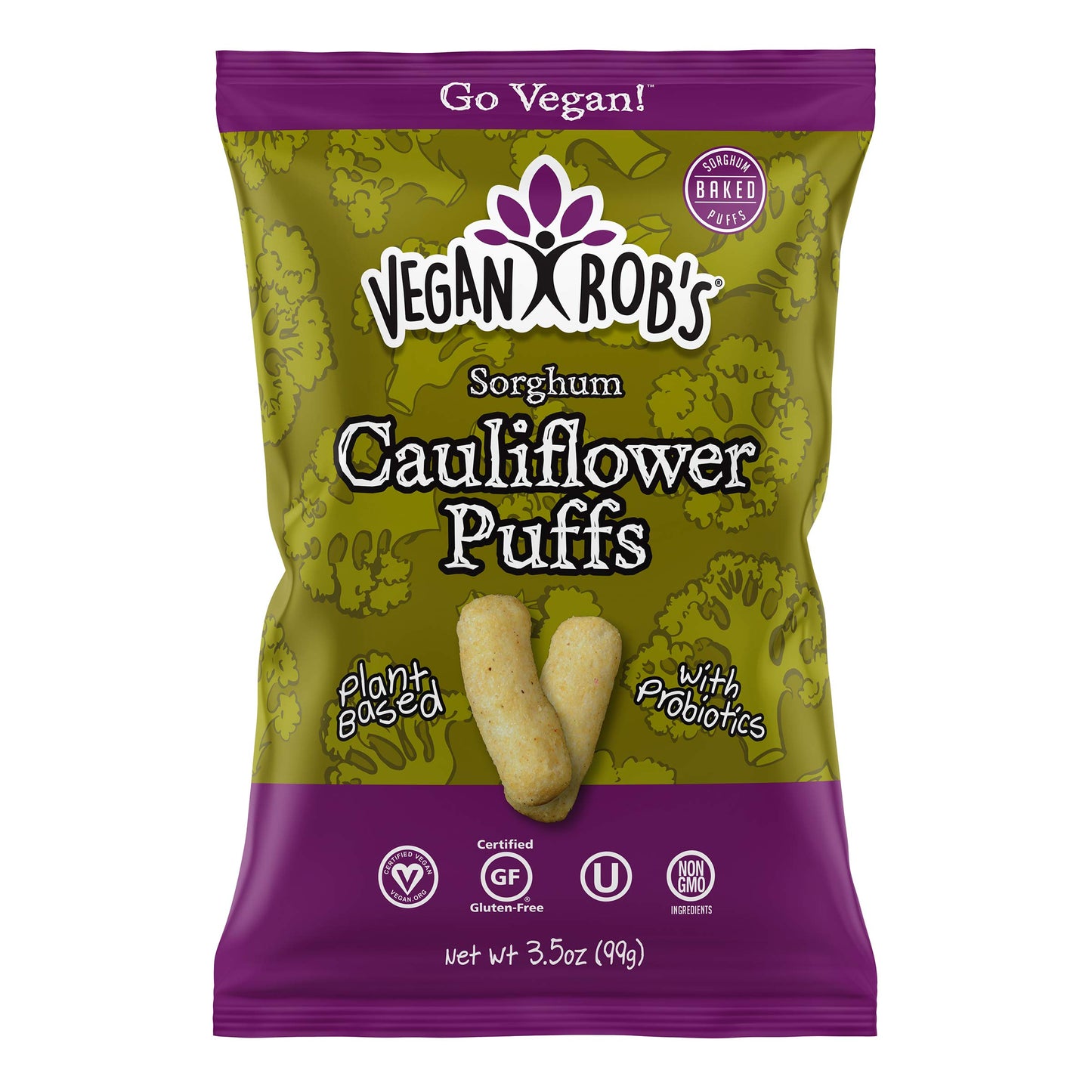 Vegan Robs Puffs, Cauliflower, 3.5 Ounce (6 Count), Made With Probiotics, Gluten-Free Snack, Plant Based, Vegan, Zero Trans Fat