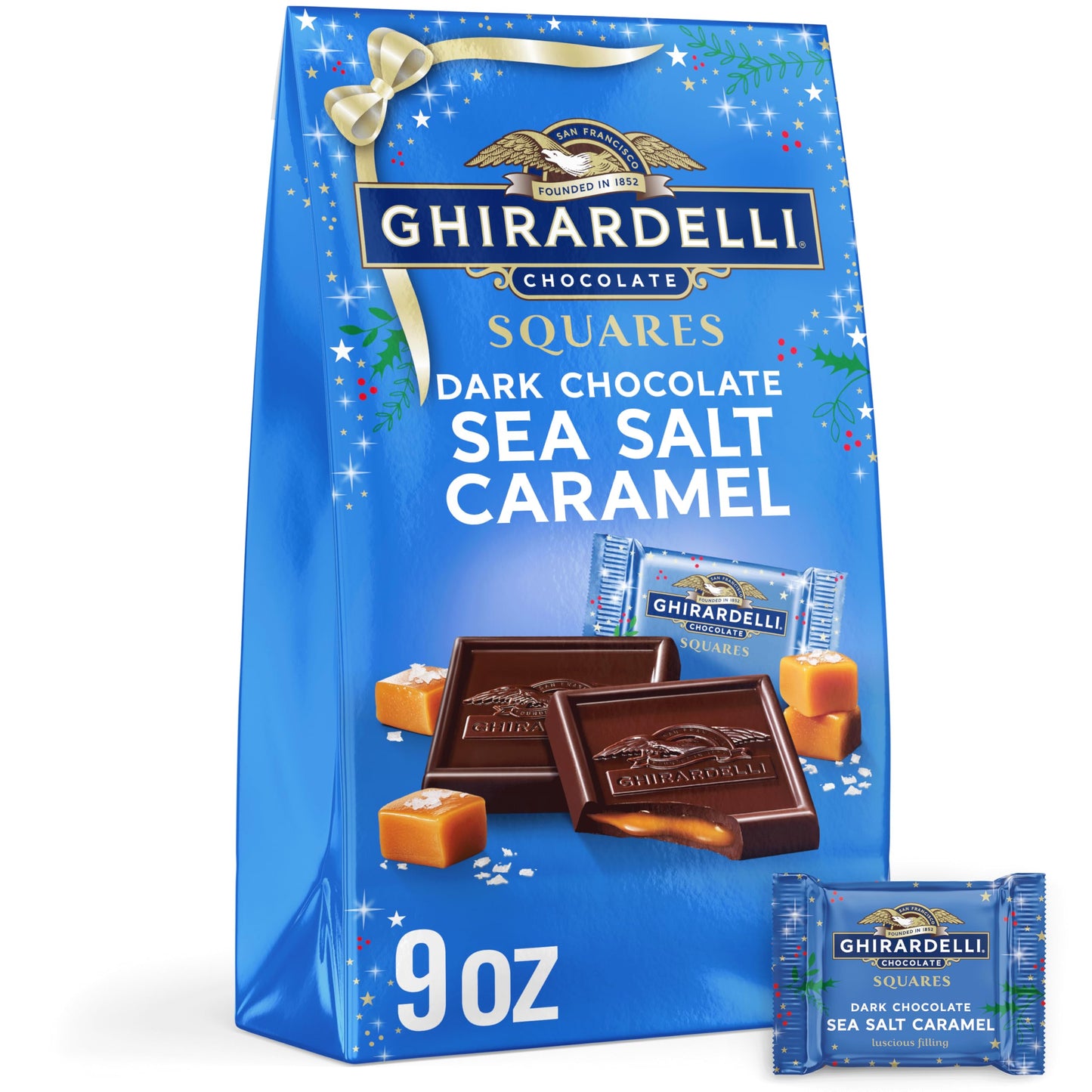 Ghirardelli Holiday Dark Chocolate Sea Salt Caramel Squares - Special Release Individually Wrapped Holiday Candy 9 Oz Bag