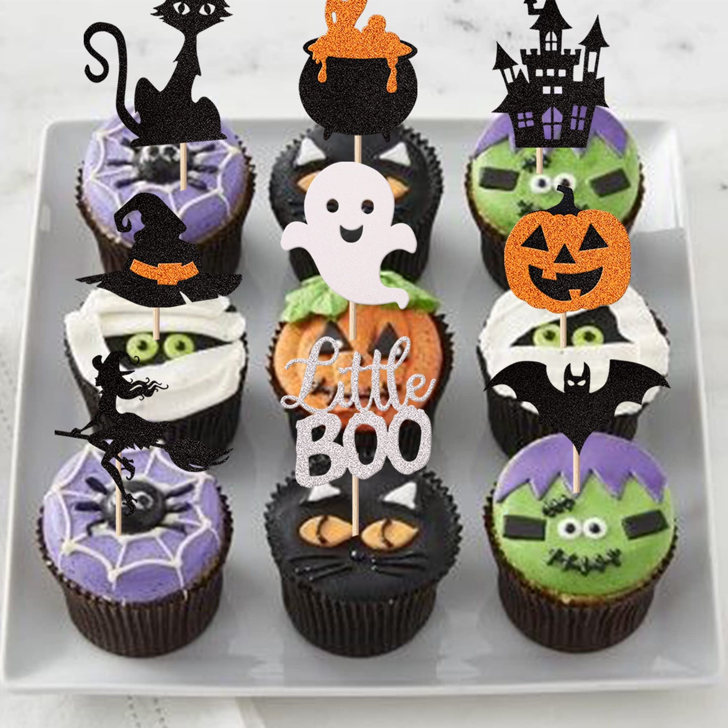 Rssta i Halloween Cupcake Toppers, 36 Pack, Glitter Bat, Witch Hat, Ghost, Cat, Paper, Design 1, for Kids Birthday and Baby Shower