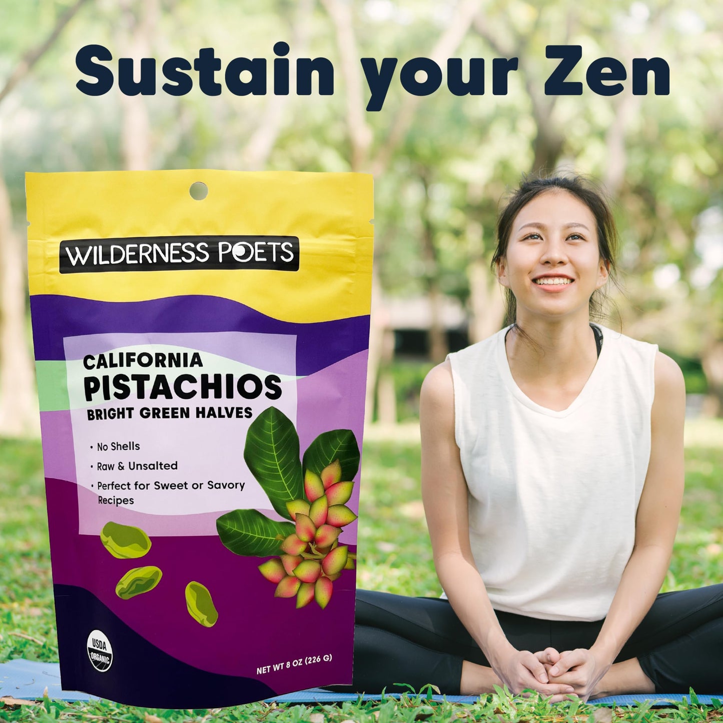 Wilderness Poets, Organic Pistachios - Bright Green Pistachio Nut Halves, No Salt, No Shells, Grown In California (8 Ounce)