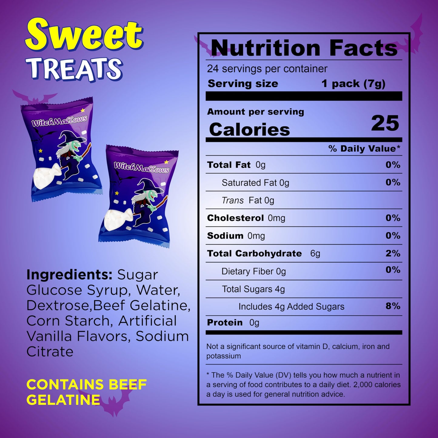 4Es Novelty 24 Pack Halloween Mini Marshmallows Indvidually Wrapped Vanilla Flavor - Halloweens Candy for Kids in Bulk Snacks for Trick or Treat 17 Marshmallows in Each Bag (Witchmallows)