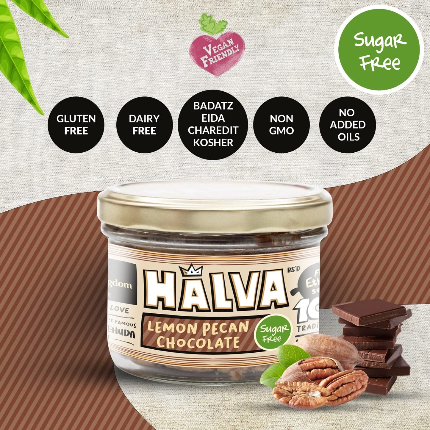 Halva Kingdom Sugar Free Halva Vegan Dessert - Gluten Free, Kosher Certified, Lemon Pecan Chocolate Flavor, 8 oz Jar