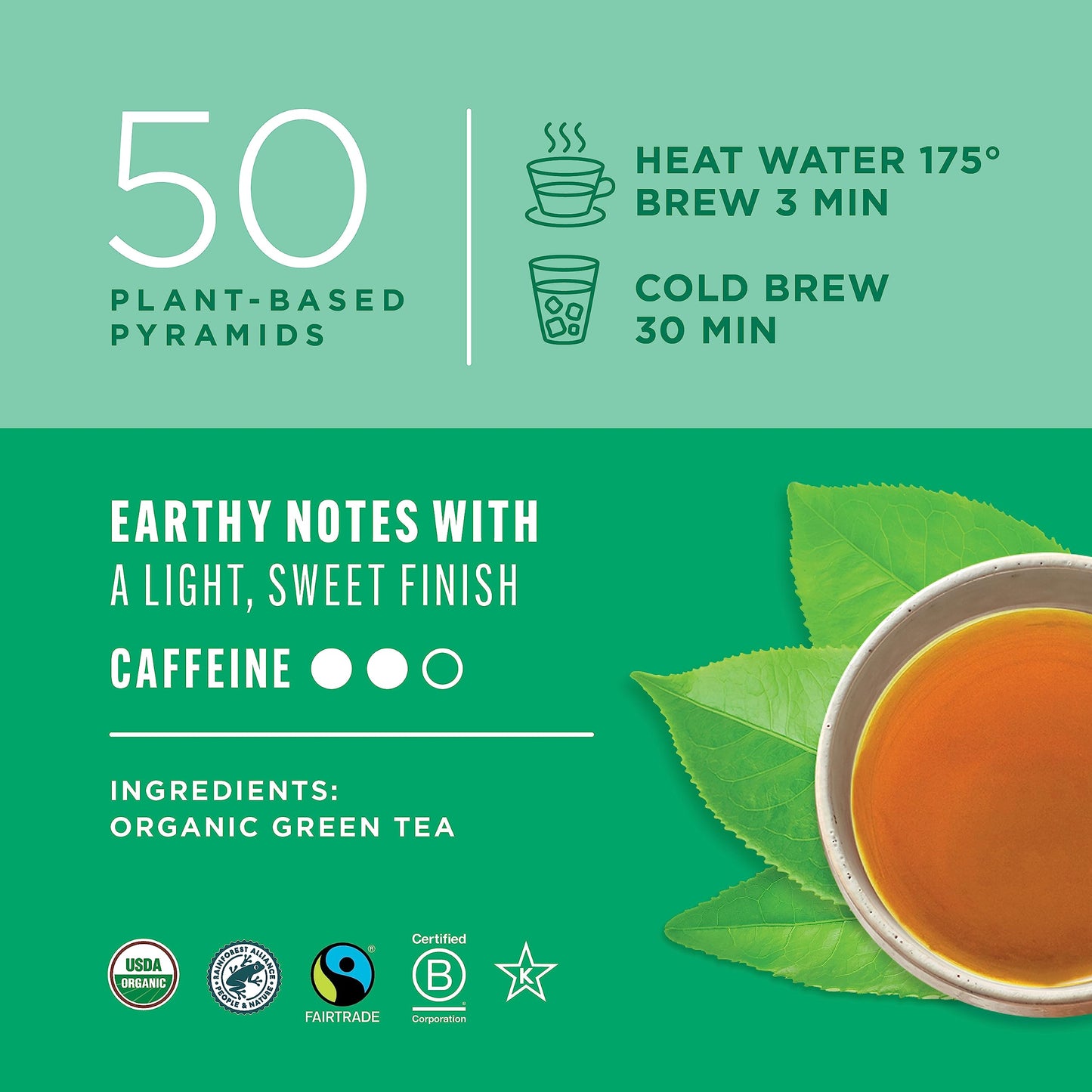 Teatulia Organic Green Tea Bags (50 Pyramid Sachet Teabags) Pure Whole Leaf Natural Green Tea In Bags | Premium 100% Compostable
