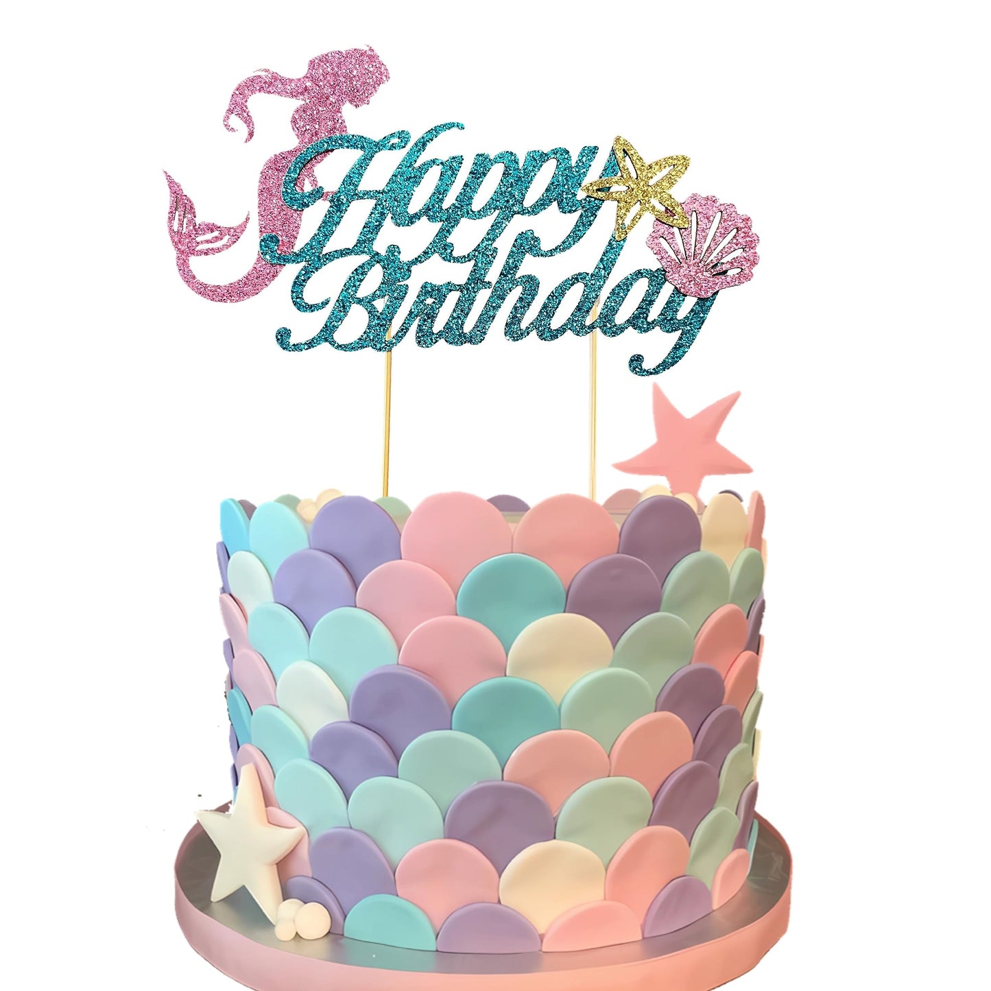 Mermaid Birthday Cake Toppers Set - Sparkling Ocean Theme Decor With Happy Birthday Topper And 12 Colorful Mermaid Cupcake Picks