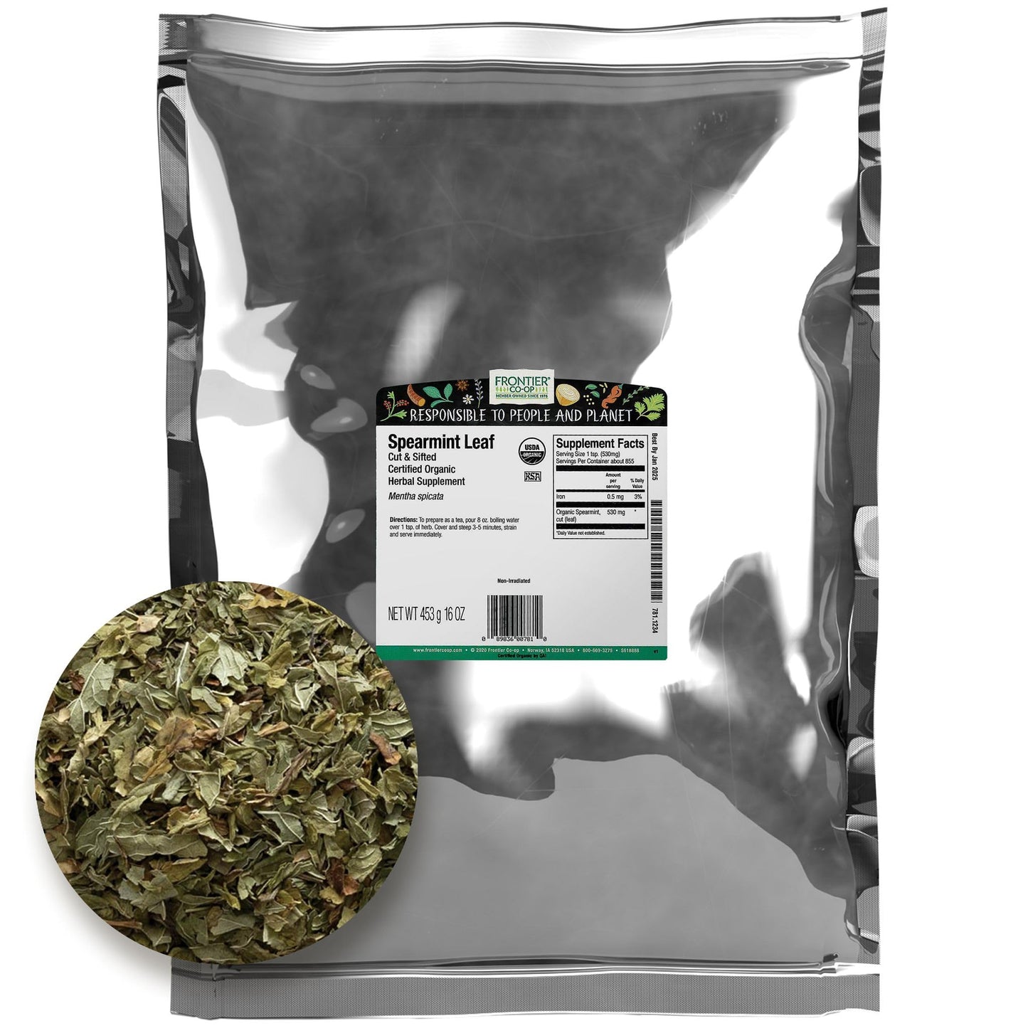 Frontier Organic Spearmint Leaf, 1-Pound Bulk, Chopped, Minty Fresh, Cooking, Teas & Herbal Body Care, Kosher, Non-Eto