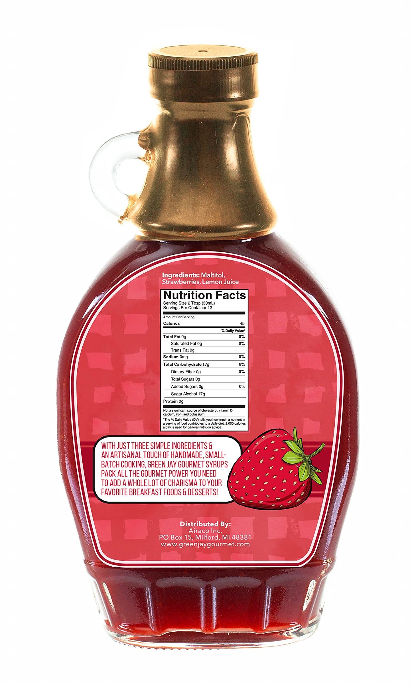 Green Jay Gourmet No Sugar Added Strawberry Syrup - All-Natural, Non-GMO - 12 Ounce