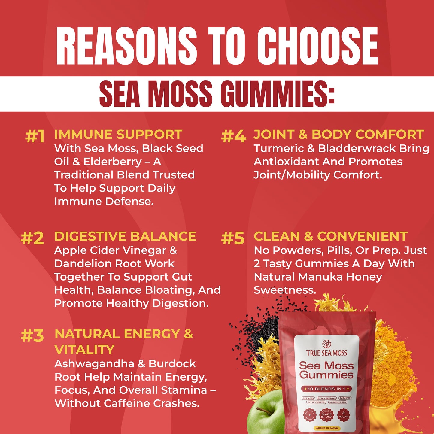 TrueSeaMoss Sea Moss & Apple Cider Vinegar Gummies - 60 Count - Vegan, Non-GMO, Apple Flavor - Model TSM-341-GMB1