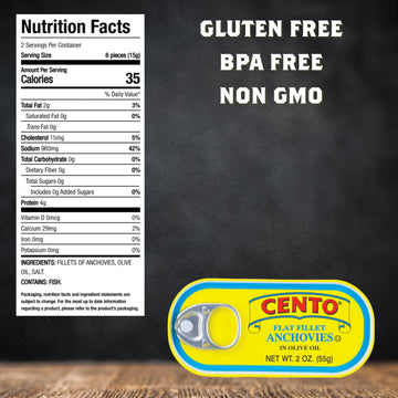 Cento Flat Fillet Anchovies In Olive Oil, 2 Oz (Pack Of 25), Firm, Moroccan Skinless, Boneless, Canned Moroccan Anchovies, Easy