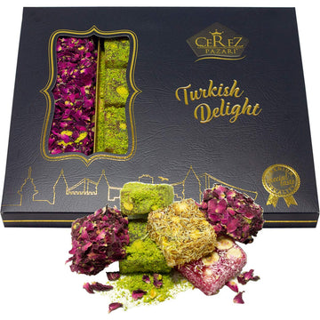 Cerez Pazari Turkish Delight Pistachio And Hazelnut With Fantastic Rose & Pomegranate Flavour Experience In Luxury Large Gift Bo