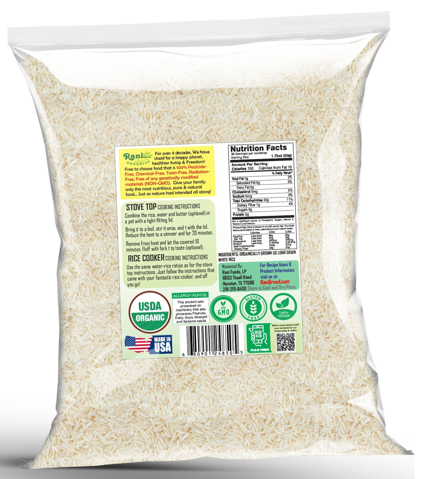 Rani Organic Long Grain White Rice 64Oz (4Lbs) 1.81Kg Bulk ~ All Natural | Gluten Friendly | Vegan | Non-Gmo | Kosher | Product