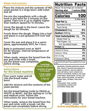 Molibake Potato Bread Mix - All-Natural Baking Mix for Bread Machine - Pack of 2 - 12 oz - Easy to Use